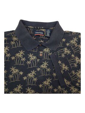 Vintage Ocean Pacific Mens Polo Shirt L/G Palm Tree Print Navy & Beige